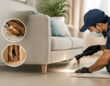 Professional pest control technician inspecting a home for pest infestation signs in Gurgaon