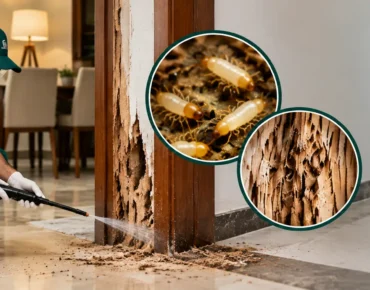 Professional termite control treatment for termite-damaged wood inside a house