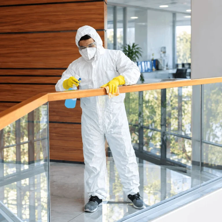 Professional pest control technician cleaning office glass area with safety equipment