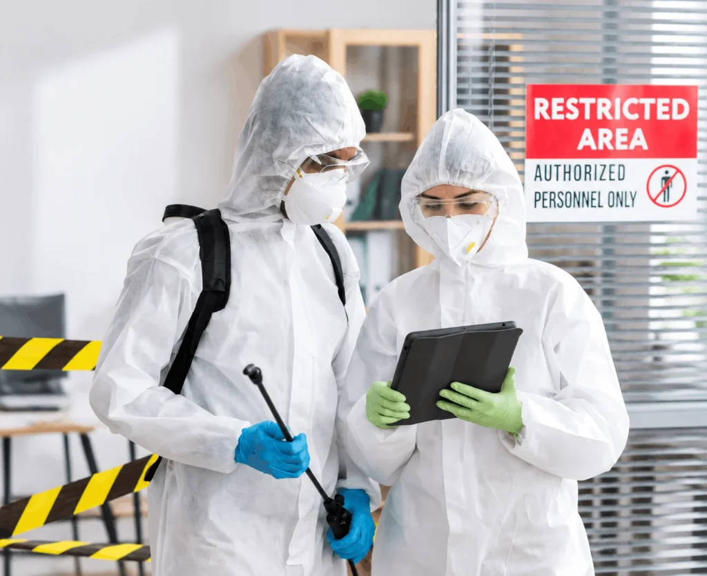 Professional pest control team inspecting commercial property with safety equipment