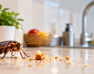Cockroach in a house kitchen attracted to food crumbs