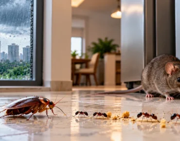 Common pests in Gurgaon during weather changes, including mosquitoes, cockroaches, ants, termites and rodents inside a home.
