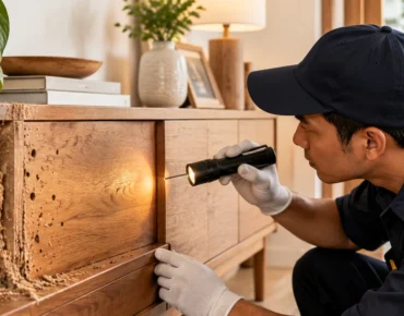 Pest control professional inspecting termite-damaged wooden furniture for signs of infestation.